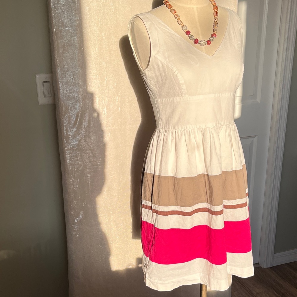 Ann Taylor Cream Cotton Sleeveless Dress with Tan & Ruby Stripes